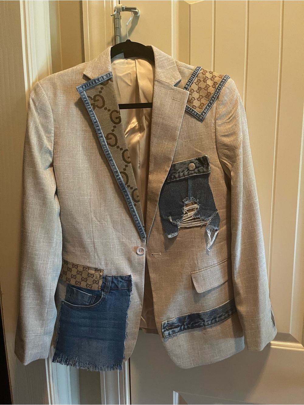 Fashion inspired Beige Linen-Blend Blazer with Denim Patchwork